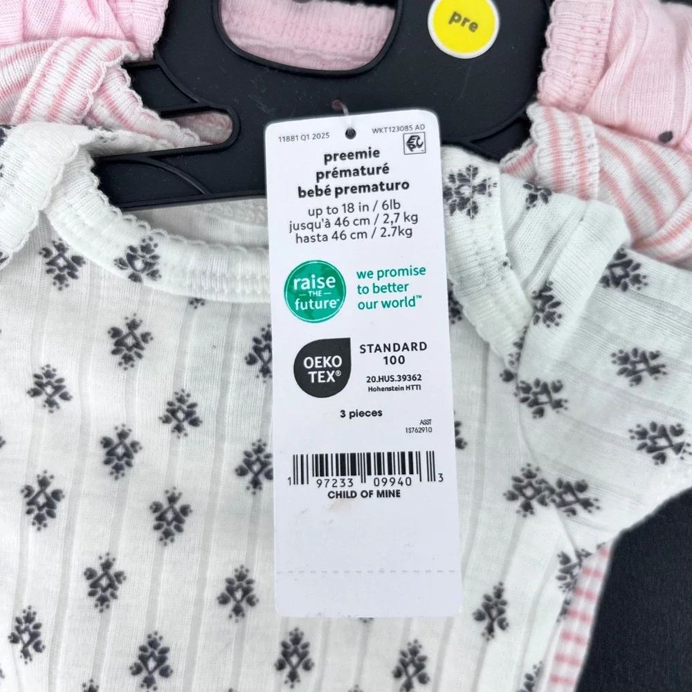 Carter's Bodysuit Baby Girl Preemie Pink White 3 Pack Ribbed Floral Stripes Snap